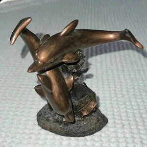 Two Bronze Colored Dolphin Coral Reef Sea Shells Statue